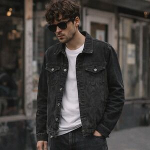 Pull & Bear Black Denim Jacket Trucker Washed Grunge Indie L Minimalist Capsule